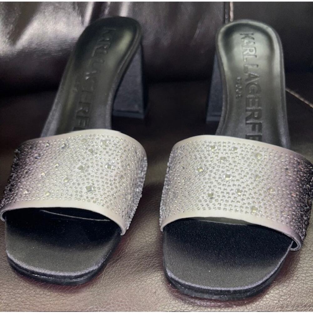 NIB KARL LAGERFELD PARIS PERA RHINESTONE BLACK WHITE SLIDE SANDAL. 9 M Sparkly - Picture 4 of 12